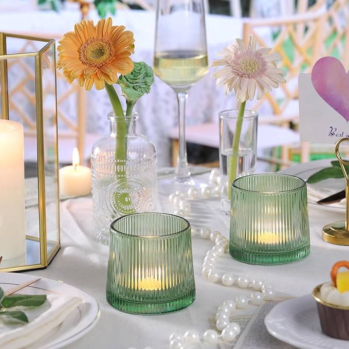 DARJEN Green Ribbed Tealight Votive Candle Holders- 6Pack Glass Candle Holders for Table Centerpiece, Wedding Decor, Home Decor, Party Dinner