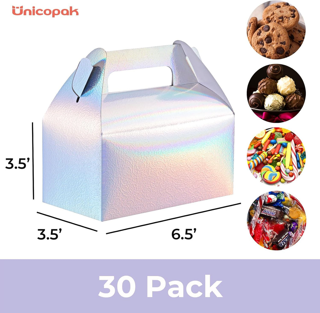 UnicoPak 60 Pack Iridescent Party Favor Bag Boxes, Goodie Favor Boxes for Treats Cookies Candies, Ideal for Theme Birthday Party, 6.5x3.5x3.5 Inches