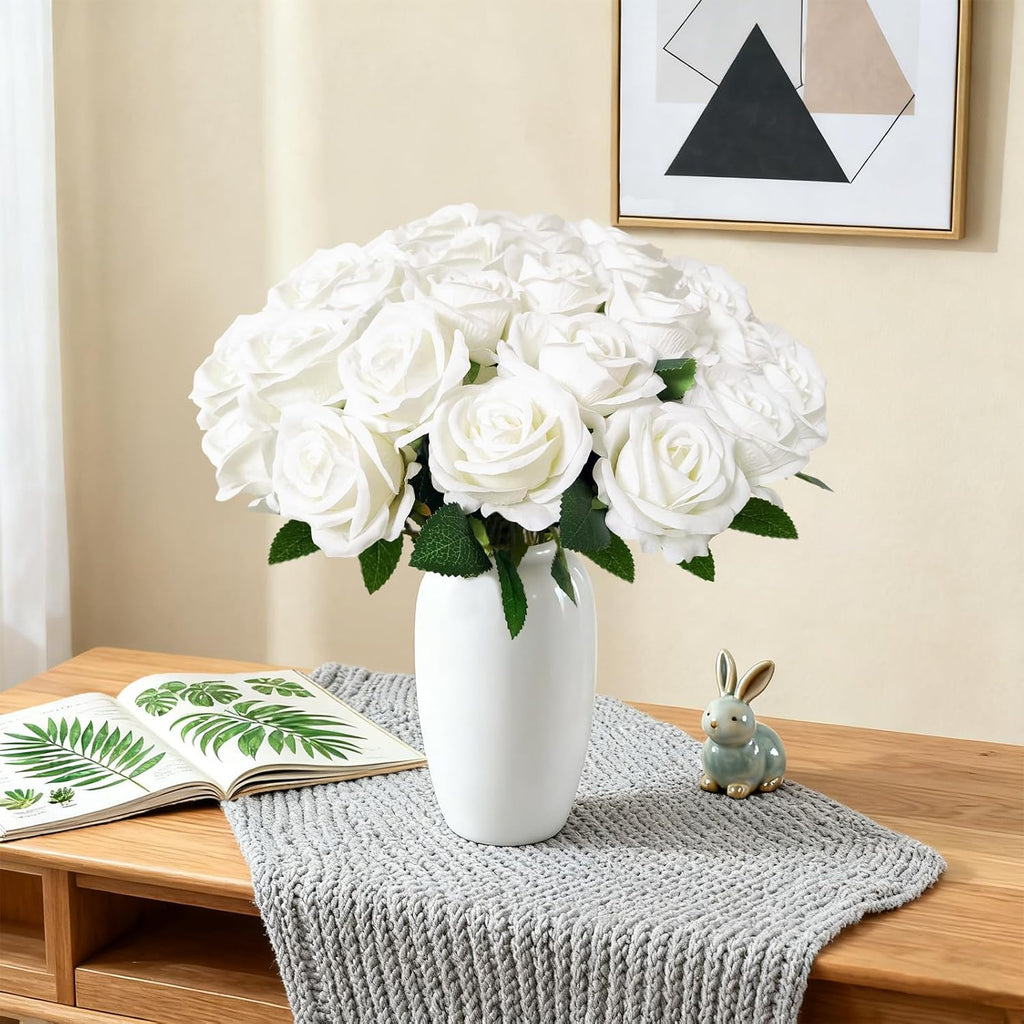 white roses artificial flowers with stems for home, front angle view