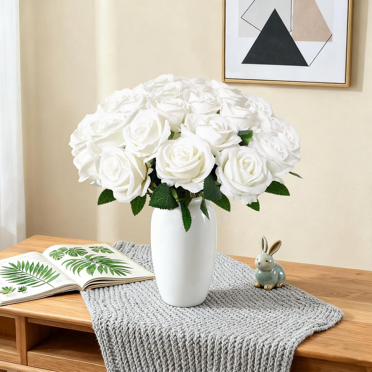 white roses artificial flowers with stems for home, front angle view