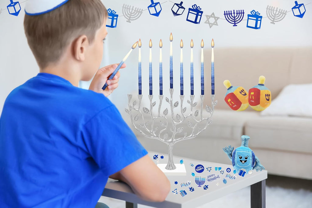 The Dreidel Company Dripless Premium Tapered Hand Decorated Multi Blue Frosted Hanukkah Candles, 45 Hanukkah Candles Premium Quality Wax, 1 Hour Burn Time