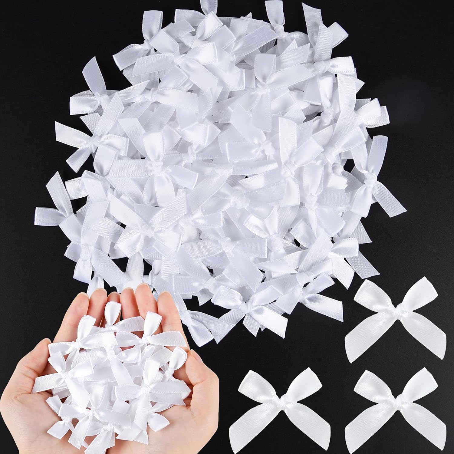 NEBURORA 100 Pcs Mini White Bows Small Satin Fabric Ribbons Bow with Dot Stickers for Gift Wrapping Cake Card DIY Crafts Wedding Party Decorations