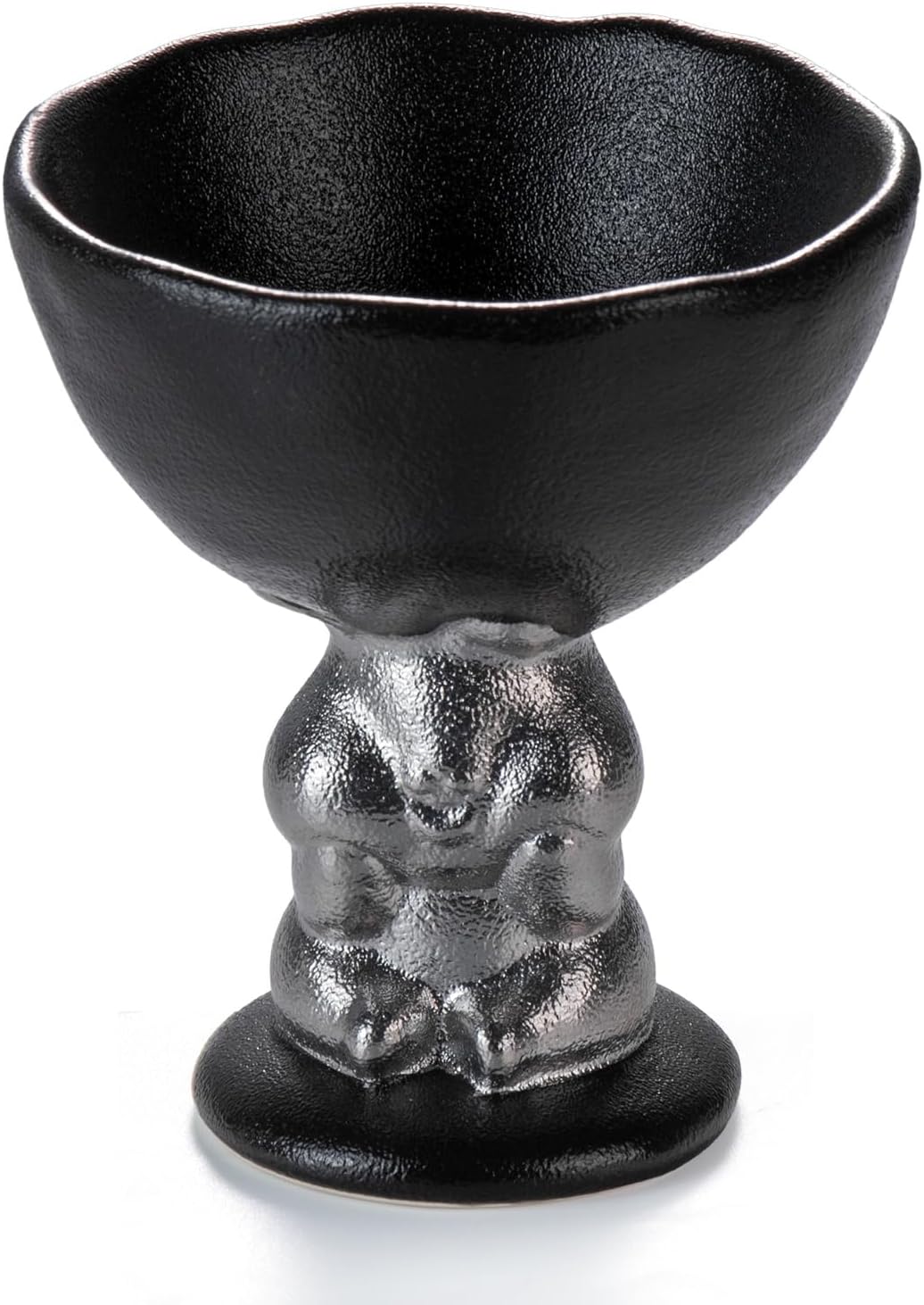 KAMMAK Ceramic Candle Holder with Silver Rabbit Figurine Base -Matte Black Scalloped Bowl Pedestal Stand for Pillar Candles, Animal-Inspired Design Black Rabbit High-Foot Bowl Candle Holder