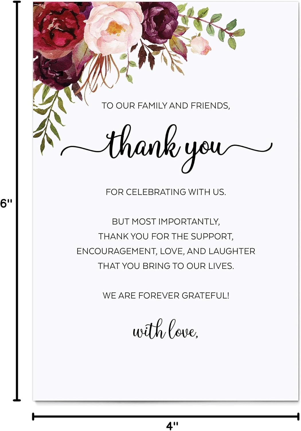 321Done Thank You Place Setting Card with Love, Thank You for Celebrating with Us, 4x6 Table Placecards for Wedding, Watercolor Florals on White, Made in USA, 50-Pack