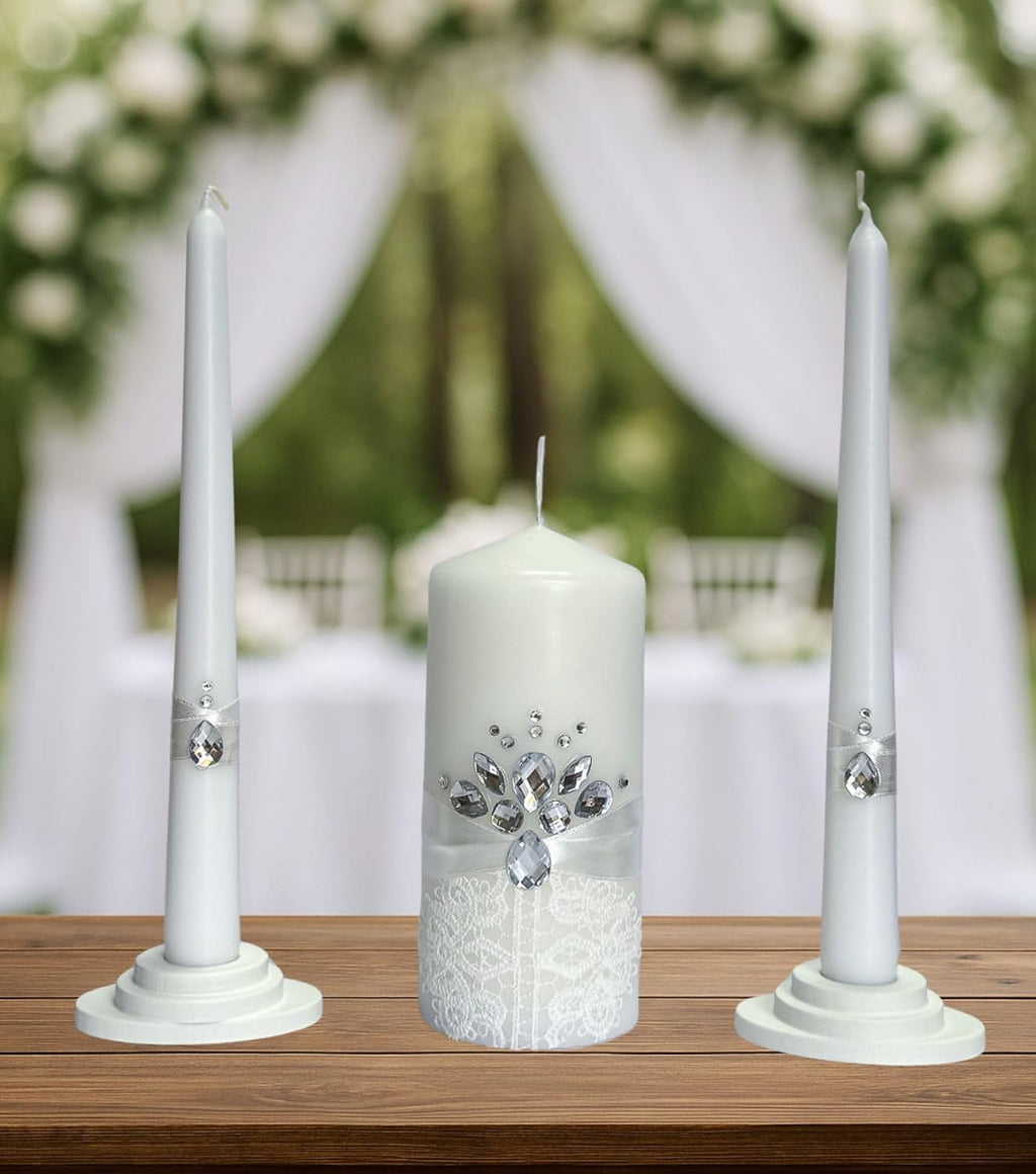 Unity Candle Set - Wedding Ceremony & Reception – 6” Pillar & Two 10” Taper Candles – Long Burning Unity Candles for Marriage Ritual – Handmade in USA – White|Cristal|Lace