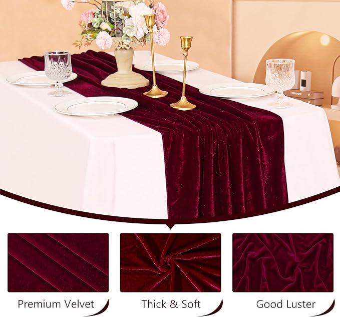 Velvet Table Runner 20 x 120 Inches 10ft Luxurious Thick Soft Velvet Christmas Thanksgiving Wedding Reception Table Runner for Party Reception Decorations(Burgundy, 6 Pack)