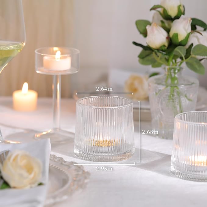 DARJEN Clear Ribbed Tealight Votive Candle Holders- 6Pack Glass Candle Holders for Table Centerpiece, Home Decor, Wedding Decor, Party Dinner