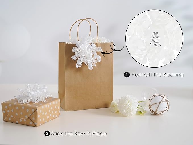 HUIHUANG White Bows for Gift Wrapping Christmas Gift Bows 5 inch x 8 Counts Self-Adhesive Curly Ribbon Bow for Presents, Paper Bag, Party Favors, Wrapping Accessories, Wedding Decor