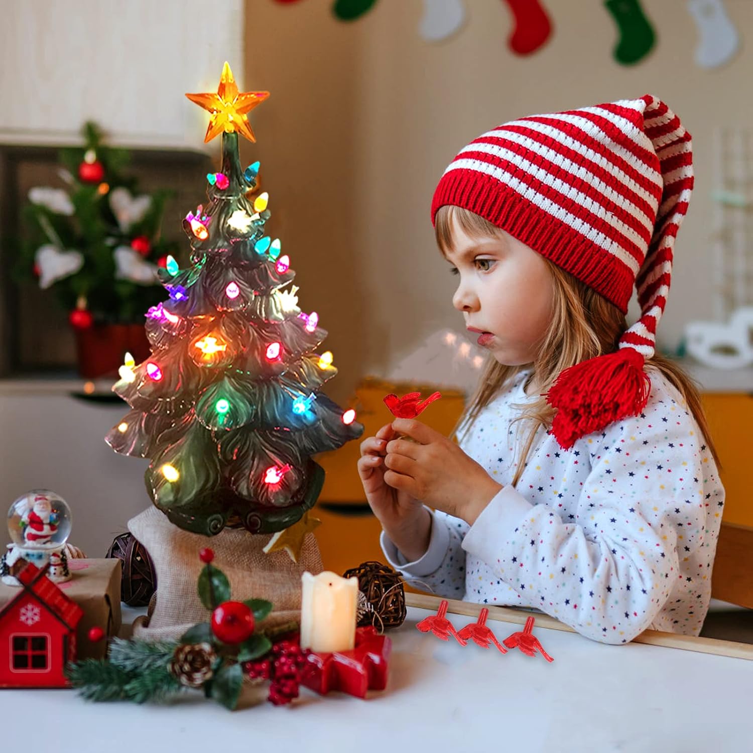 117Pcs Ceramic Christmas Tree Red Cardinal Bird Replacement Lights Bulbs and 1 Angel/3Stars Topper Ornament for Ceramic Tree Décor - Medium Plastic Pegs.
