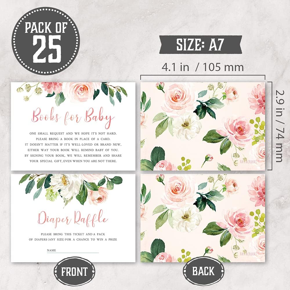 Set of 25 Floral Baby Shower Invitations, Diaper Raffle Tickets and Baby Shower Book Request Cards with Envelopes. It's a Girl Pink Boho Fill-in Invites for Baby Shower