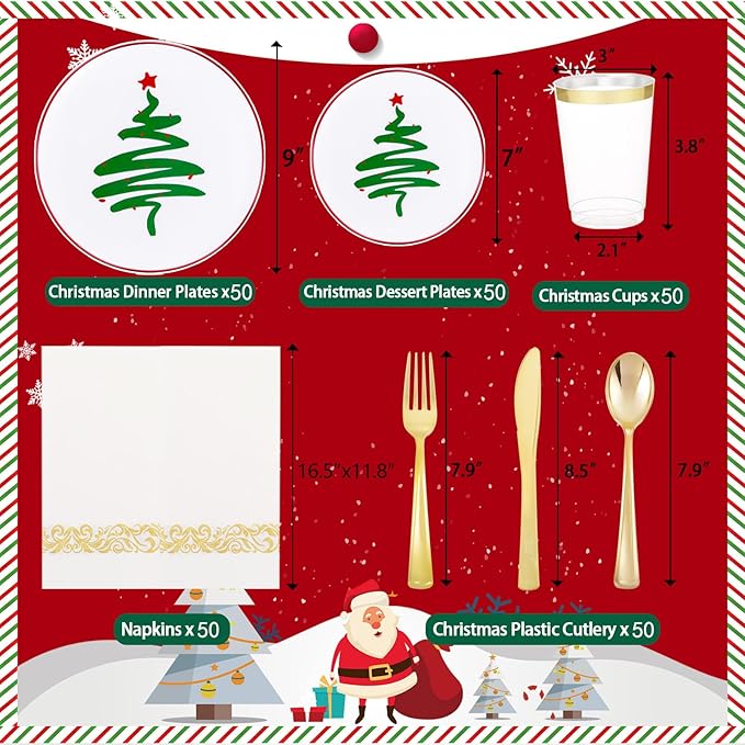 Supernal 350pcs Christmas Plastic Dinnerware Set,Christmas Plastic Plates,Gold Plastic Silverware,Gold Plastic Cups,Plastic Plates with Christmas Tree Design Suit for 50 Guests Perfect for Christmas