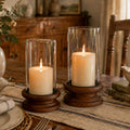 Hewory Hurricane Glass Candle Holder: 2PCS Rustic Brown Candle Holders for Pillar Candles, Vintage Decorative Wood Stand with Clear Glass Cover for Weddings Christmas Table Centerpiece Home Decor
