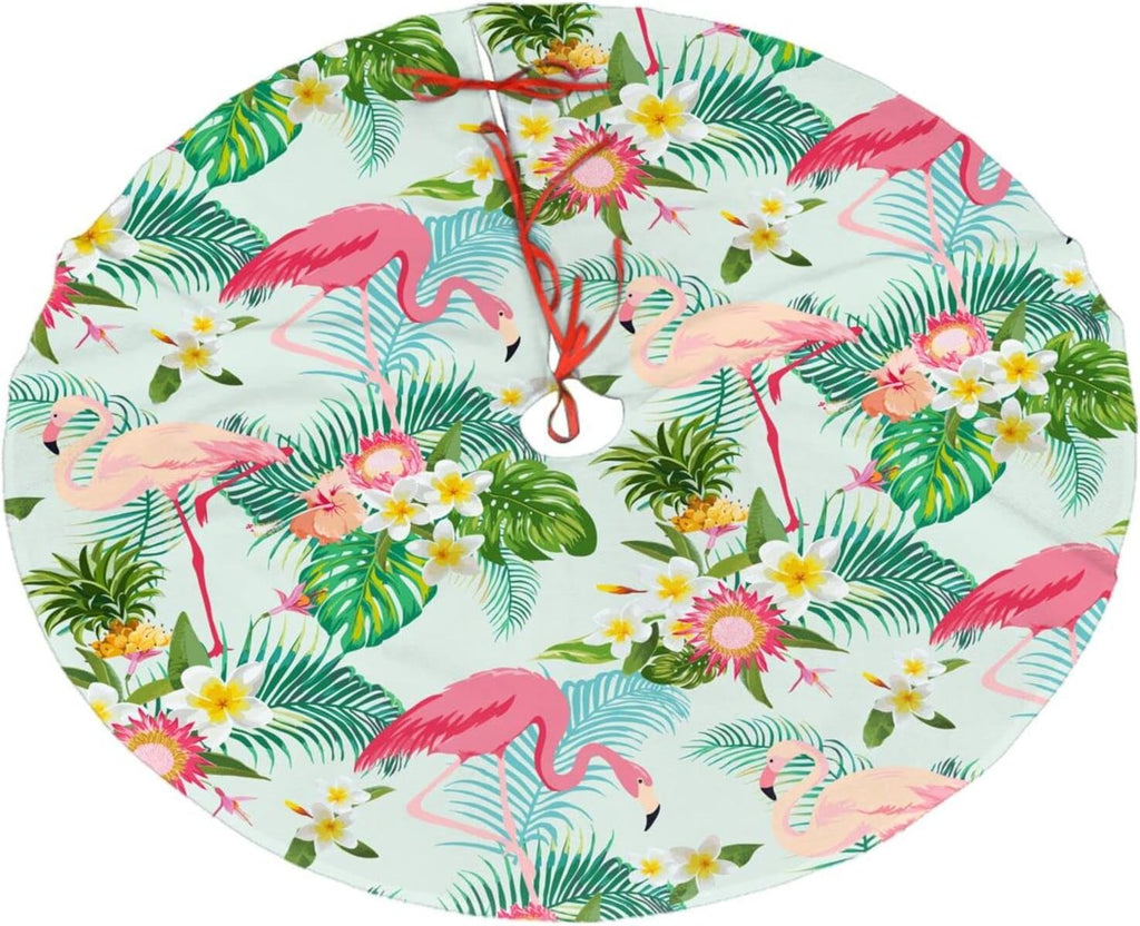 Flamingo Christmas Tree Skirt for Xmas Holiday Party Supplies Large Tree Mat Decor, Tropical Summer Pink Flamingo Palm Leaves Flowers Ornaments 30"