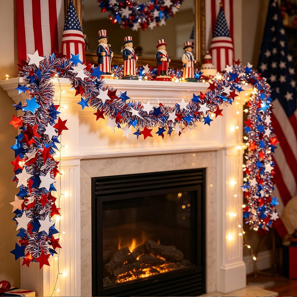 4th of July Red White Blue Star Tinsel Garland - 33 Ft Memorial Day Patriotic Decoration Independence Day Metallic Tree Fine Filament Garland Glitter Tinsel Hanging Twist for Veterans Day Decor