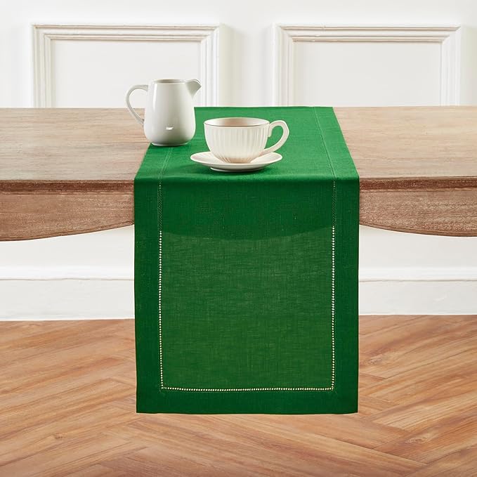 Solino Home Linen Table Runner 48 Inches - 100% Pure Linen Garden Green Hemstitch Table Runner 14 x 48 Inch Ideal for Dresser and Coffee Tables - Classic Hemstitch - Christmas