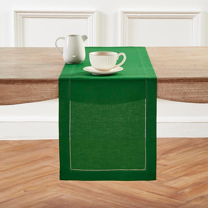 Solino Home Linen Garden Green Table Runner 90 Inches Long - 100% Pure Linen Hemstitch 14 x 90 Inch Table Runner for Dining, Christmas - Classic Hemstitch