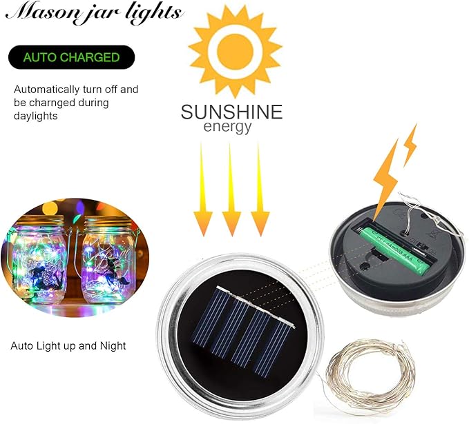 VOOKRY 6 Pack Solar Mason Jar Lights, 30 LED Mason Jar Lids Waterproof Firefly Fairy String Lights with 6 Hangers(No Jars), for Outdoor Patio Garden Yard Lawn Party Wedding Decoration - Multicolor