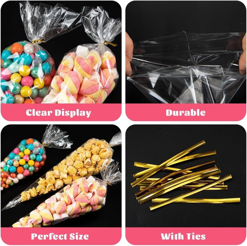 50pcs Clear Cone Cellophane Bags, Cello Cone-Shaped Treat Bags with Twist Ties, Plastic Triangle Bags for Popcorn and Candy Favors