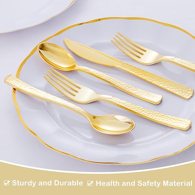 Supernal 180 pieces Gold Plastic Silverware, Disposable Plastic Utensils Heavy Duty, Gold Disposable Silverware Sets Include 60 Knives, 60 Forks and 60 Spoons, Suitable for Party, Birthday, Wedding