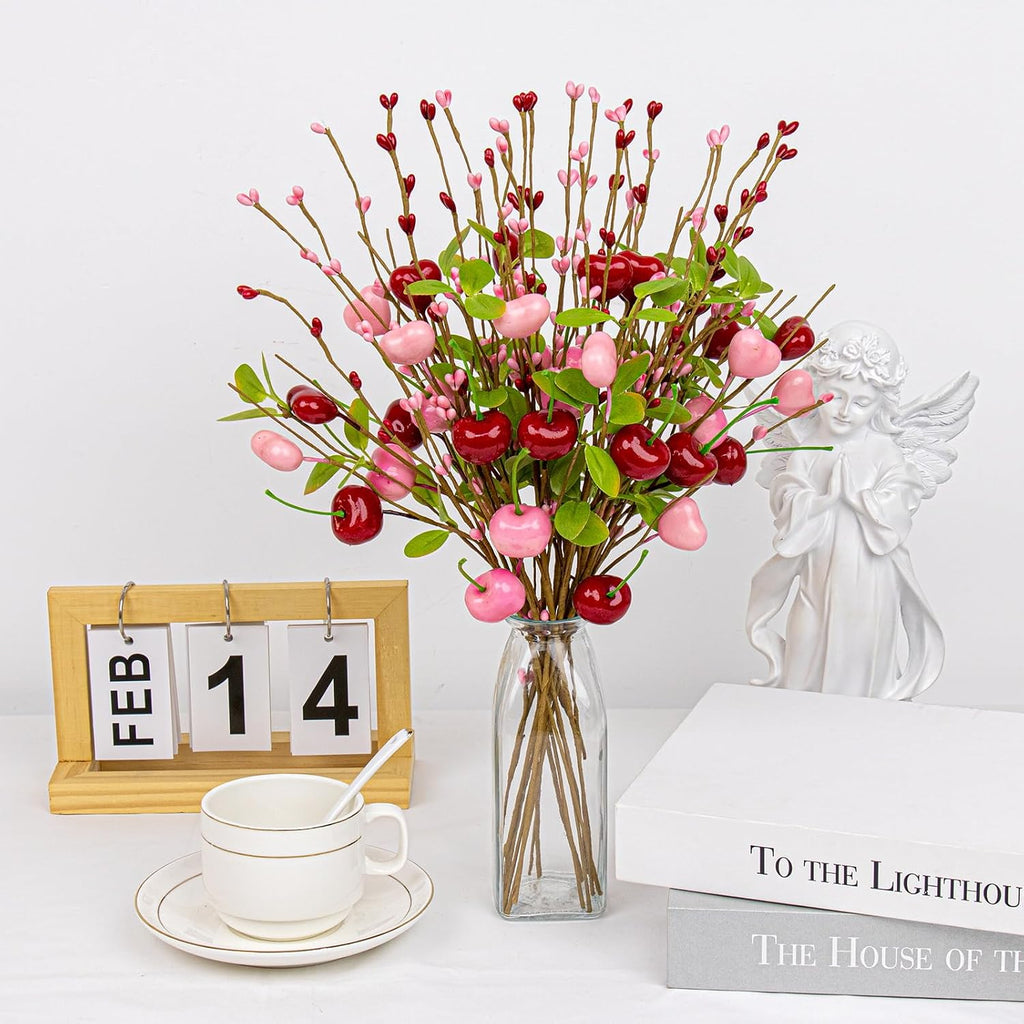 Yawwind 12 PCs Valentine Table Centerpieces 17 Inches Valentines Picks Valentines Day Floral Stems Romantic Heart Flower Picks with Cherry for Gift Vase Table Centerpiece Wedding Indoor Decor