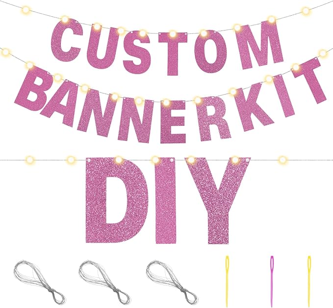 TaoBary 112 Pcs DIY Letter Kit Glitter Customizable Banner Letters Include 107 Letters and Numbers 3 Rope and 2 Needles for Birthday Halloween Christmas Wedding Valentine Party Decor(Pink)