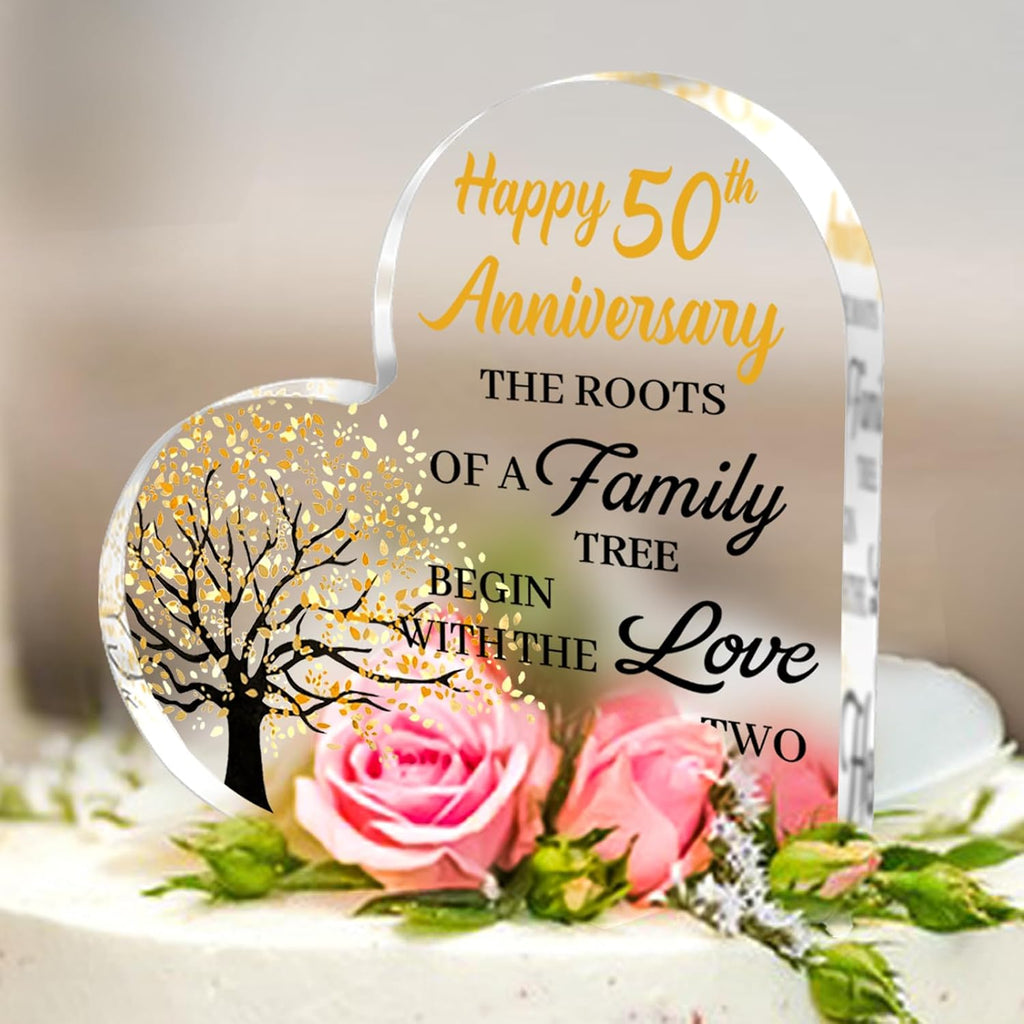 50th Anniversary Wedding Gifts for Couple Parents, Acrylic Heart Cake Topper Decorations, 50 Year Anniversary Presents Gifts Idea for Her Him