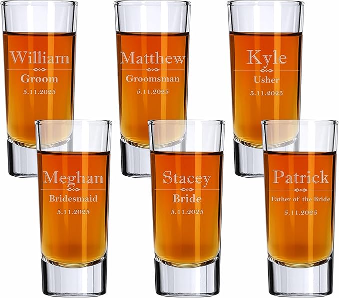 Custom Engraved Shot Glass – 2oz Tall Clear Glass – Personalized Gift for Wedding Party – Classic Etched Barware Keepsake for Groomsmen, Bridesmaids, and More (6)