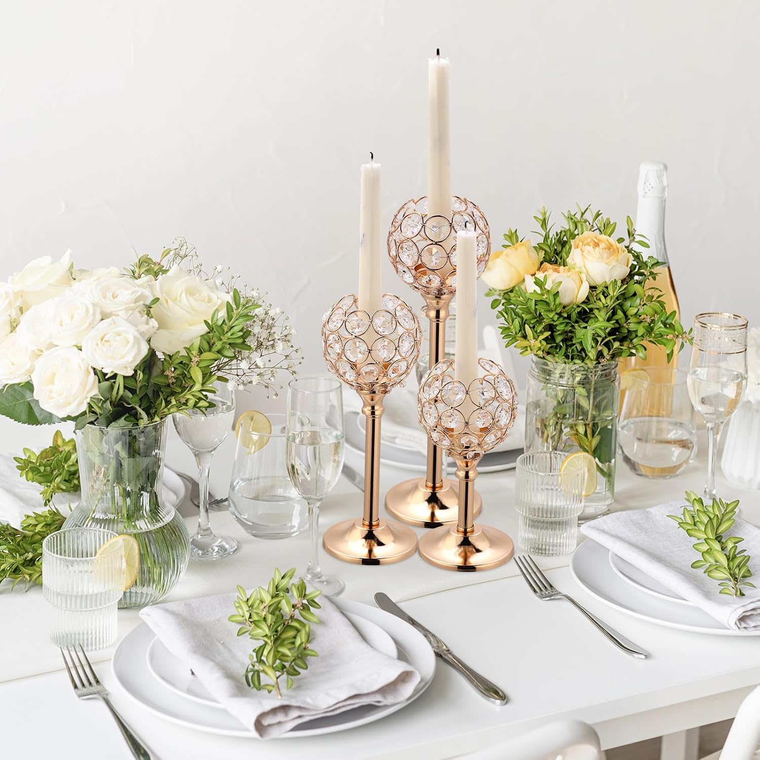 Mimorou 6 Pack Crystal Candle Holders Gold or Silver Candle Holders Bulk Tealight Candlestick Crystal Candelabras for Wedding Party Valentine Christmas Dining Table Centerpieces Decoration (Gold)