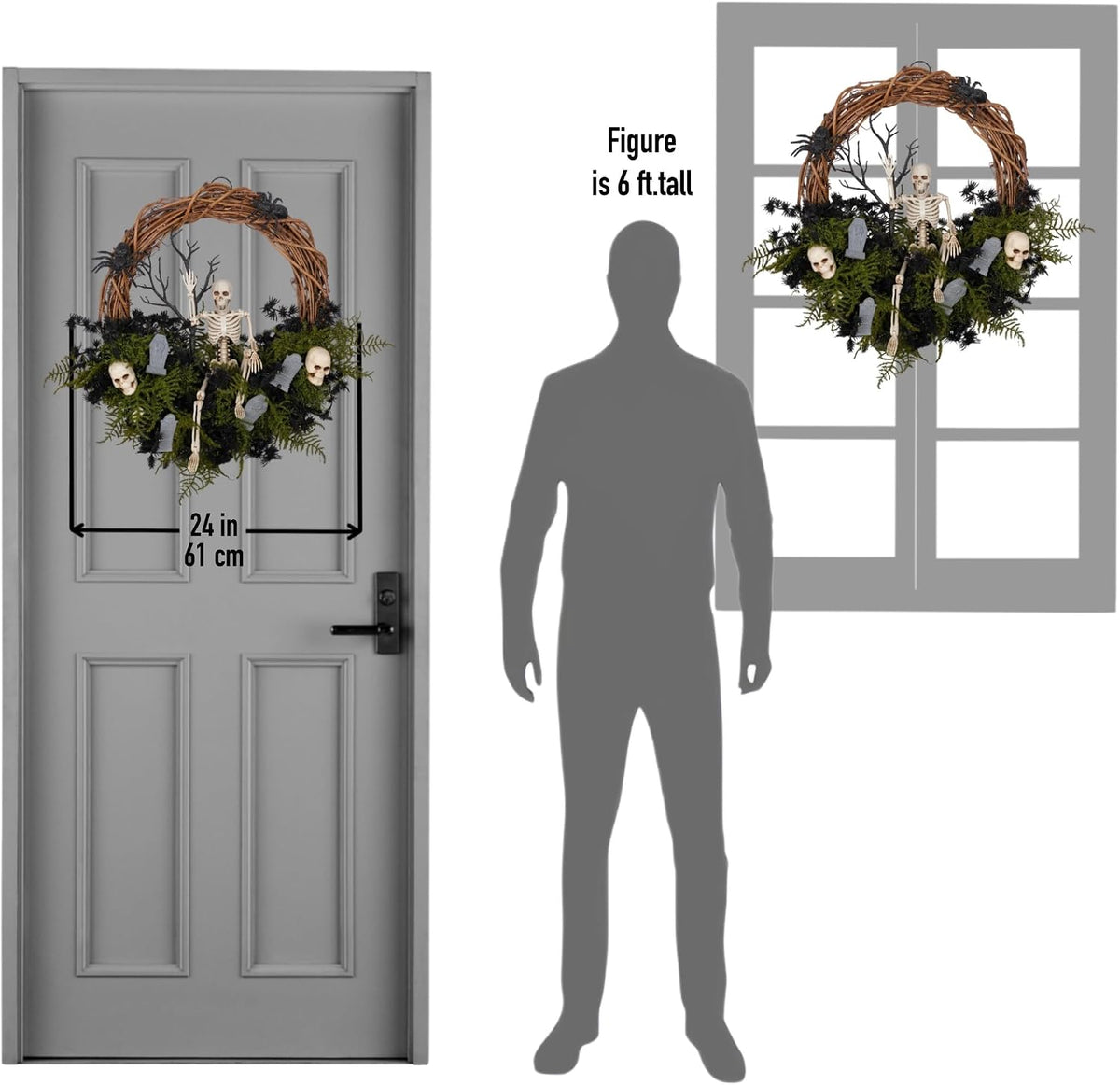 20" Halloween Wreath for Front Door - Halloween Skeleton Skull Wreath De...