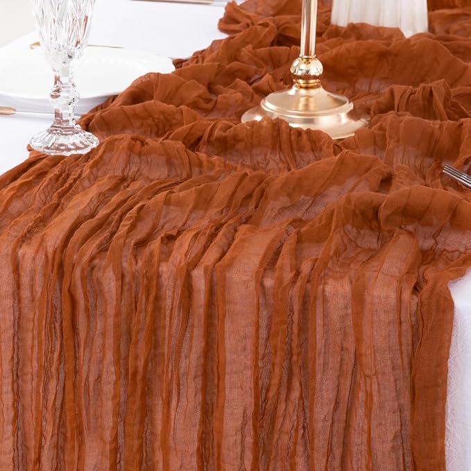MLMW Fall Thanksgiving Table Runner Cheesecloth Autumn Harvest Rust Terracotta Cheese Cloth Boho Gauze 160 inch Table Runner 13.3ft for Wedding Party Baby Bridal Shower Birthday