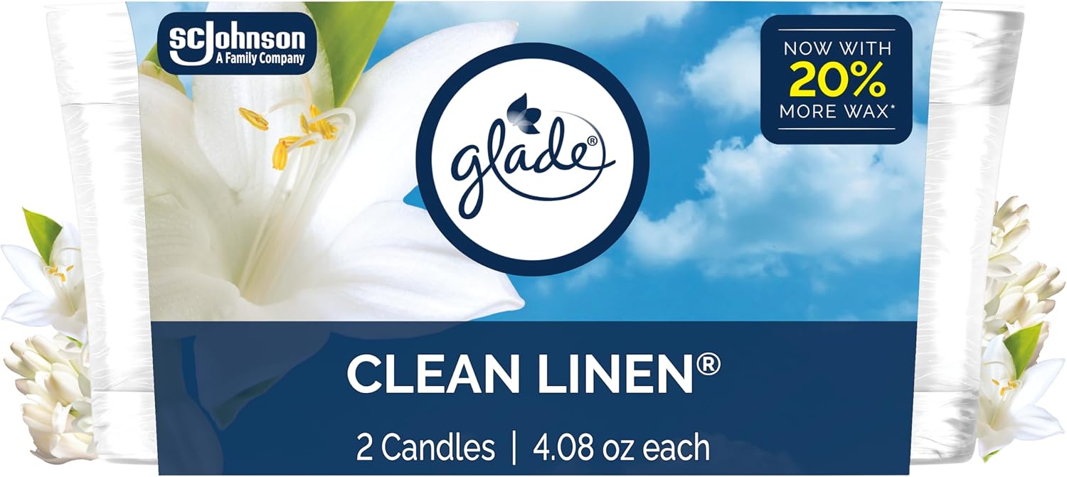 Glade 1-Wick Scented Candle Jar, Clean Linen, Air Freshener Infused with Essential Oils, 4.08 Oz, 2 Count