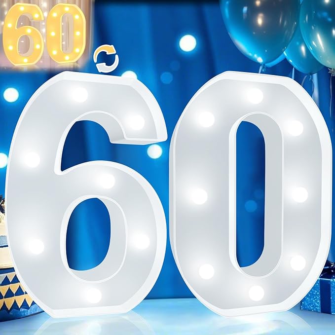Pooqla 60th Birthday Decoration for Woman Man, Decorative LED Light Up Numbers, Marquee Numbers 60 Sign for Party Backdrop 60th Wedding Anniversary Decor, Warm White and Cool White Number 60