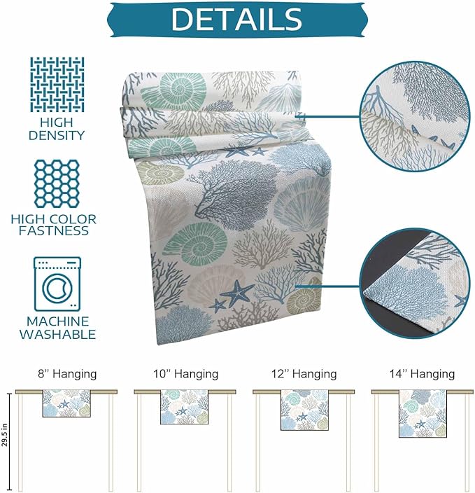 Coastal Coral Cotton Linen Table Runner for Dining Kitchen, Wedding Outdoor Party Tablerunners Decoration, Blue Nautical Starfish Ocean Shell Beach Dresser Scarf Coffee Tablecloth Runners 13x72 Inches