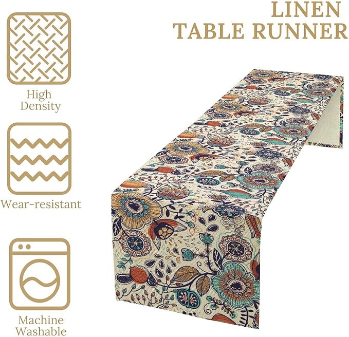 Boho Floral Table Runner,Vintage Flowers Tropical Plants Country Style Table Cloth Kitchen Dining Table Home Party Decoration 13x60 Inch