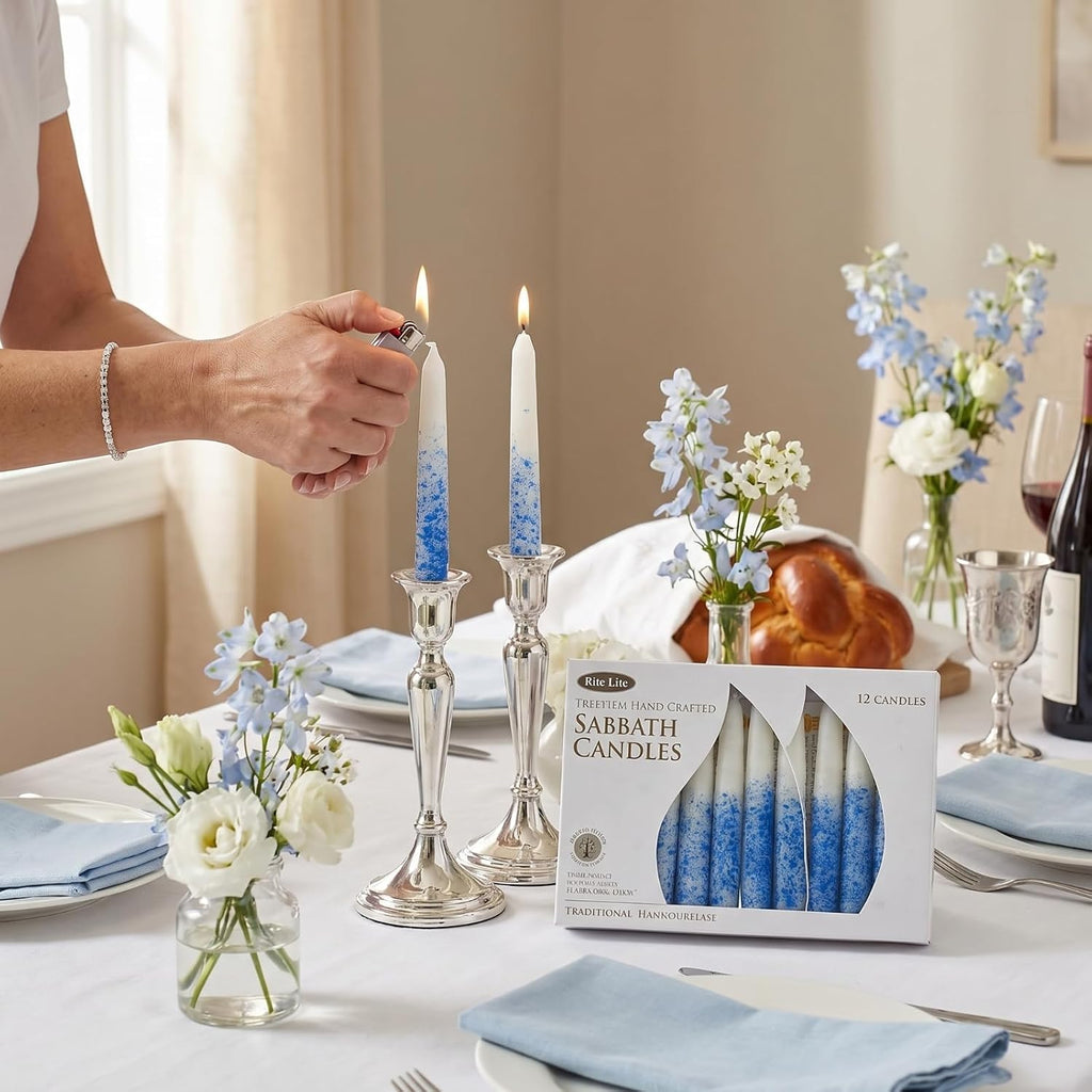 Rite Lite Blue & White Shabbat Candles Premium 12 Pack Traditional Dinner Table Jewish Household Shabbos Candles Religious Home Decor with Beautiful Gift Box & Artistic Card