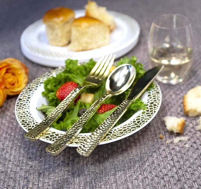 Plastic Cutlery Silverware Extra Heavyweight Disposable Flatware, Full Size Cutlery Combo, Gold Pebbled, 80 Forks, 40 Spoons, 40 Knifes, Value Pack 160 Count