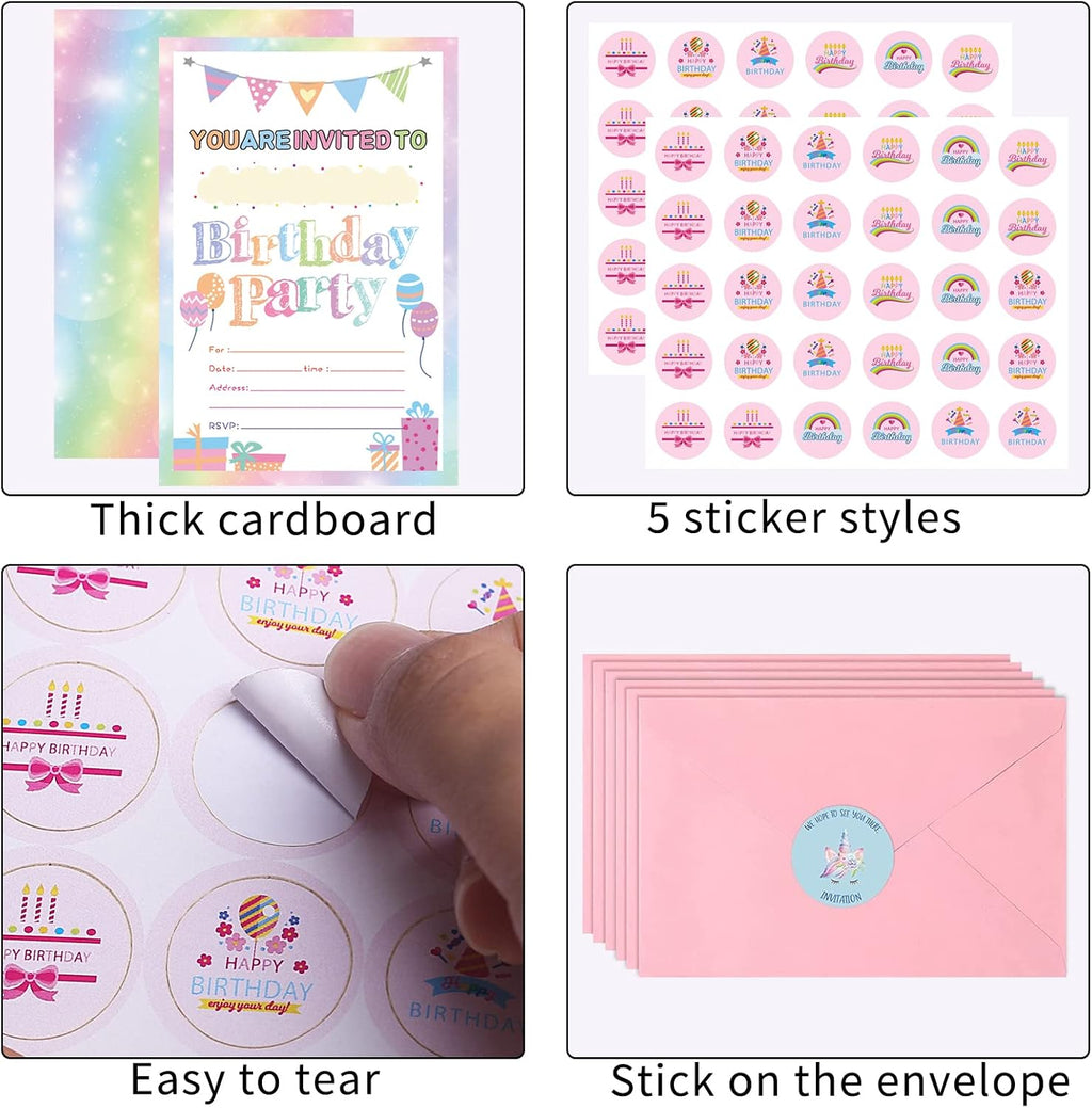 Idealmuzik 30 Pack Birthday Party Invitations for Girls with Envelopes and Sticker, Cute Birthday Party Invitations Cards for Kids, Party Decorations Supplies for Baby Shower Birthday Party