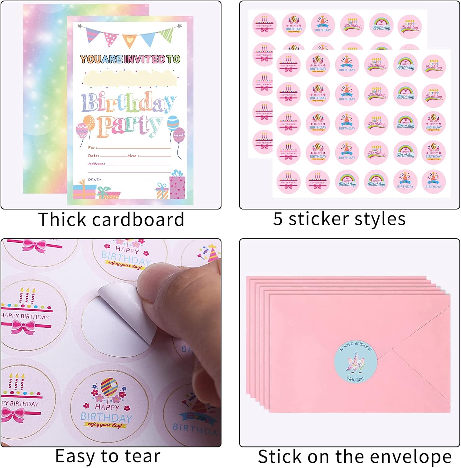 Idealmuzik 30 Pack Birthday Party Invitations for Girls with Envelopes and Sticker, Cute Birthday Party Invitations Cards for Kids, Party Decorations Supplies for Baby Shower Birthday Party