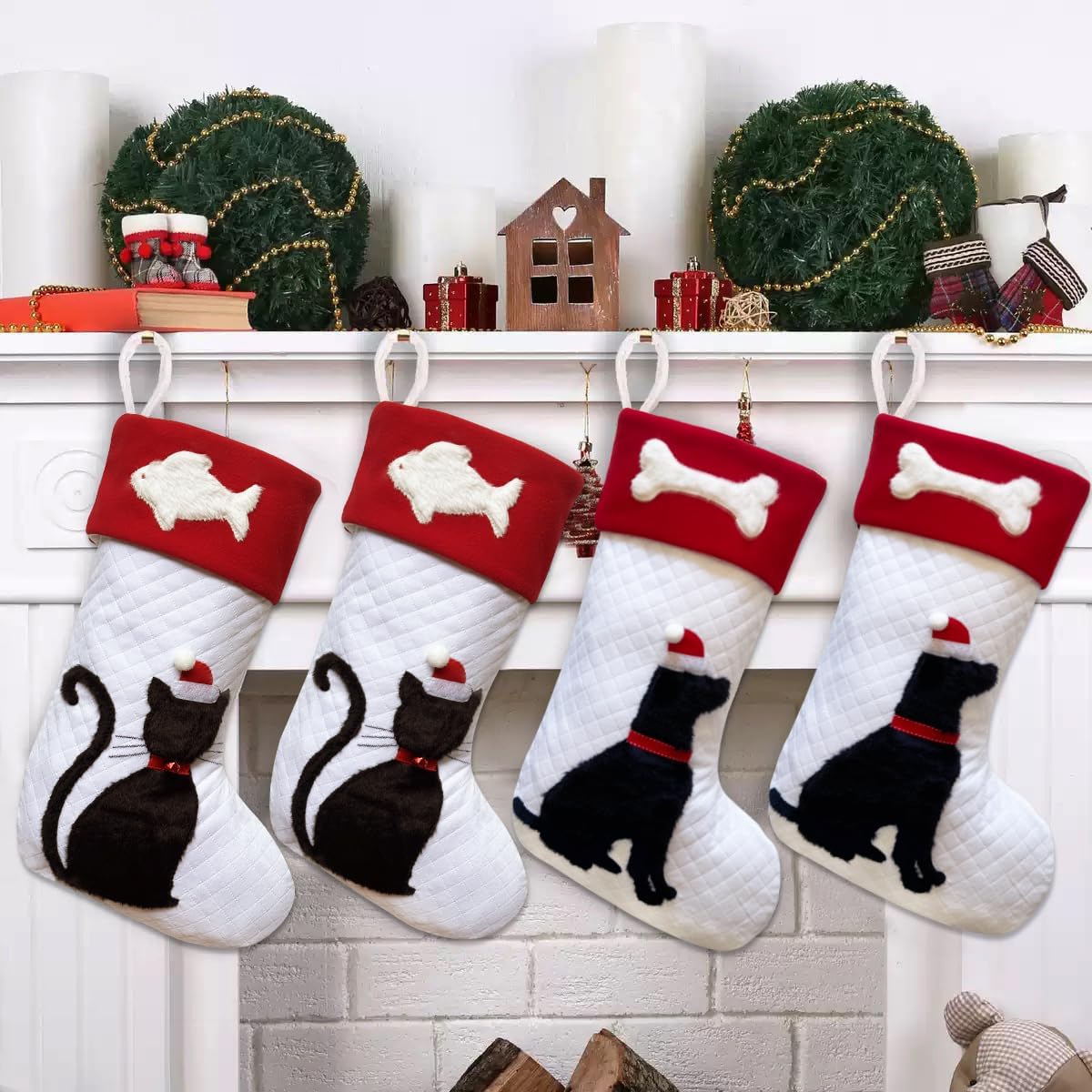 Cat Christmas Stockings Dual-Layer with 3D Black Kitty and White Fish, 20 inch Large Pet Animal Cats Xmas Stockings for Christmas Family Decorations (Black Cat)