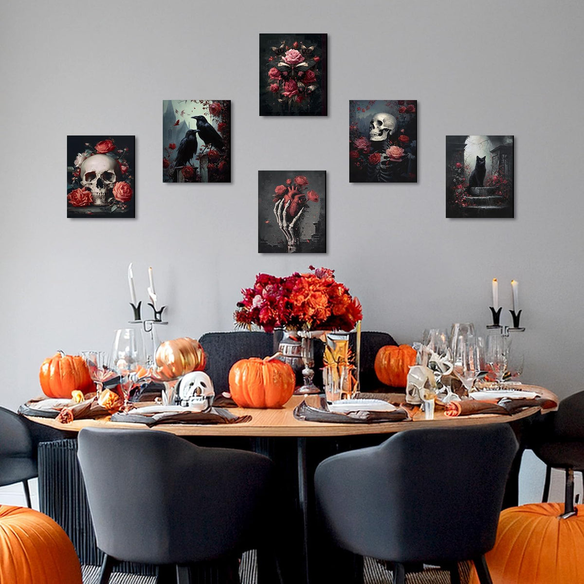 HPNIUB Vintage Skull Halloween Floral Framed Canvas Wall Art, Set Of 6 Piece ...