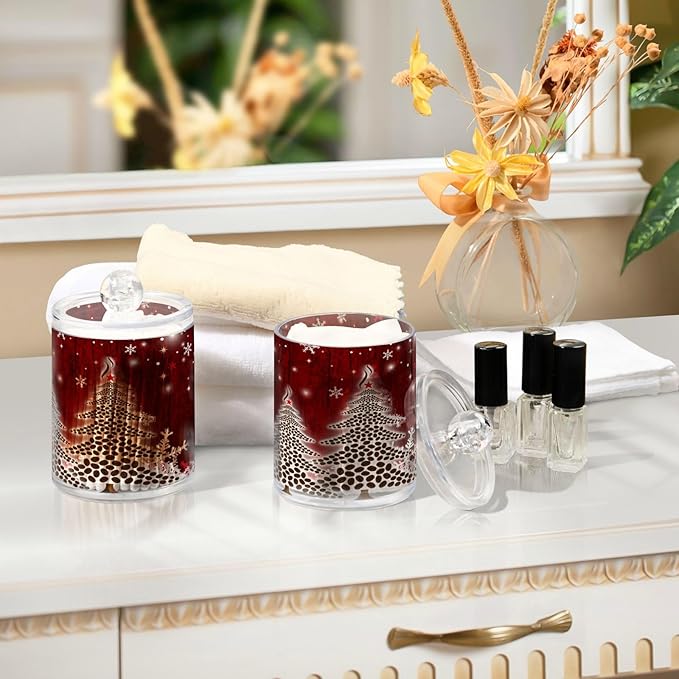Gredecor Christmas Winter Qtip Holder Dispenser 2 Pack Christmas Tree Red Snowflakes Bathroom Decorative Storage Canister Holder Counter Vanity Organizer for Cotton Ball Swabs Pads Floss