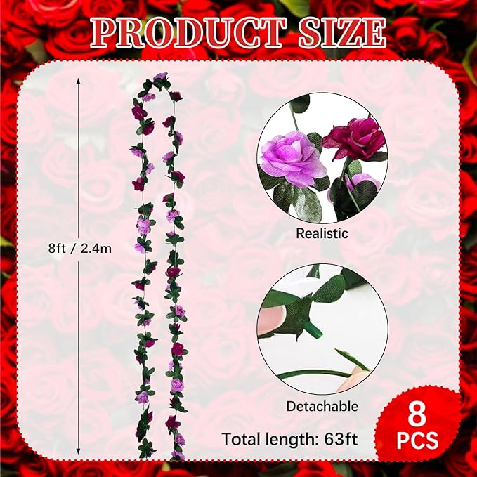 8Pcs 63Ft Purple Rose Garland, Fake Rose Hanging Flowers, Artificial Flower Vine, Hanging Floral Vine Garland for Wedding, Birthday Party, Wall Arch, Halloween, Christmas Garden Backdrop Decor