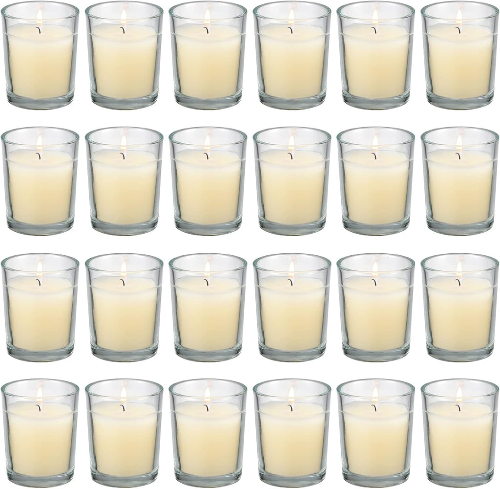flamecan 24 Pack Clear Glass Filled Ivory Votive Candles. Unscented Votive Candles for Home Décor Spa Weddings Birthdays Holidays Party