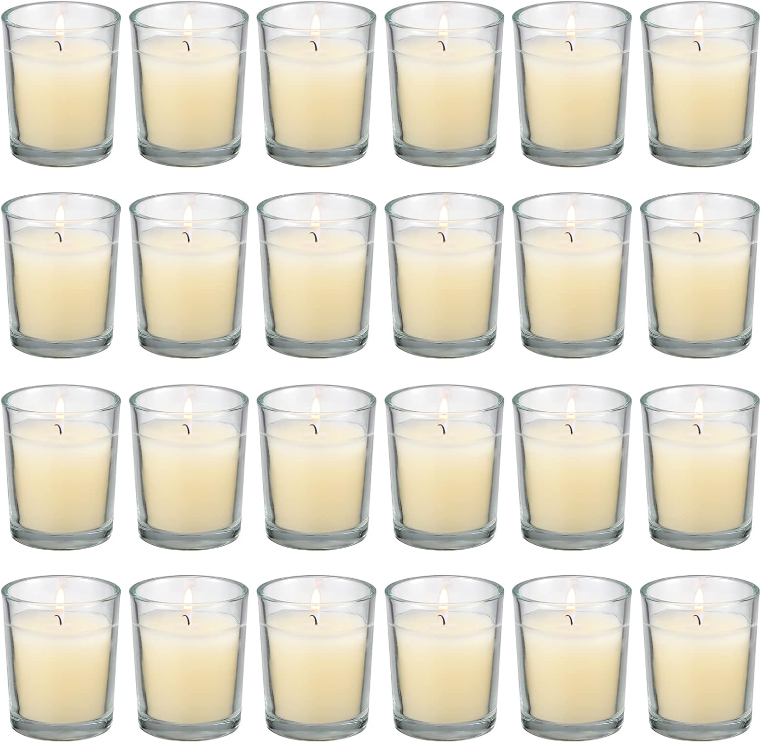 flamecan 24 Pack Clear Glass Filled Ivory Votive Candles. Unscented Votive Candles for Home Décor Spa Weddings Birthdays Holidays Party