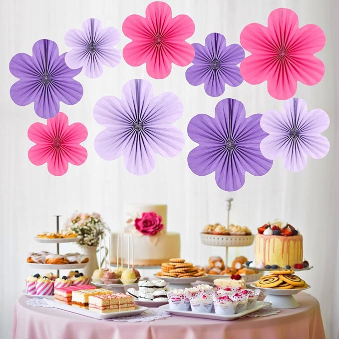 SUNBEAUTY Flower Party Decorations Paper Fans Classroom Decoration Paper Floral Backdrop Decor Paper Fans Decoration Hanging Paper Fans Purple Flower Wall Decor,Set of 9