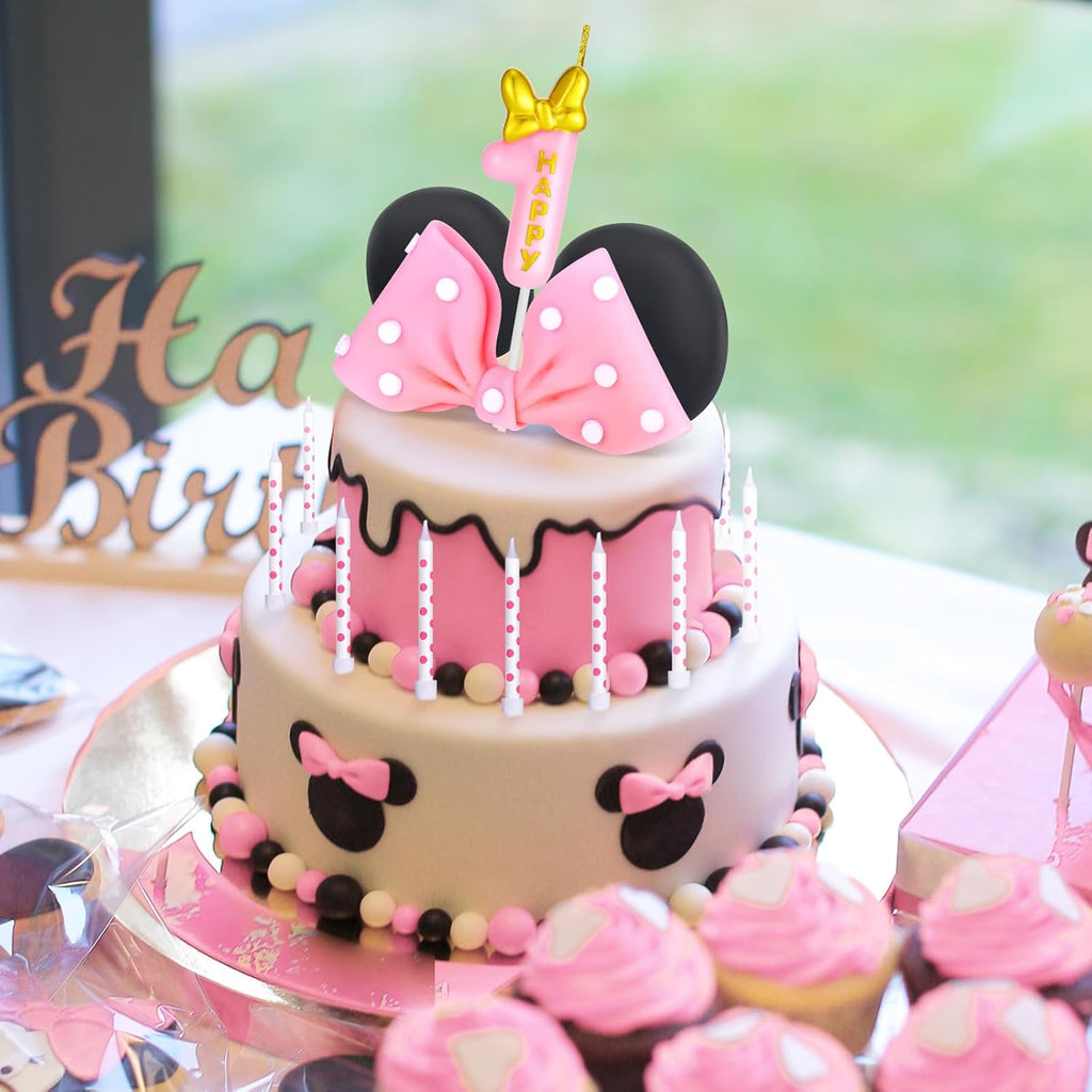 Mouse Cake Candles Topper Pink Bow and Ears Decorations with 20 PCS White Dot Long Candles for Baby Birthday Cake Topper Decor (Number 1)