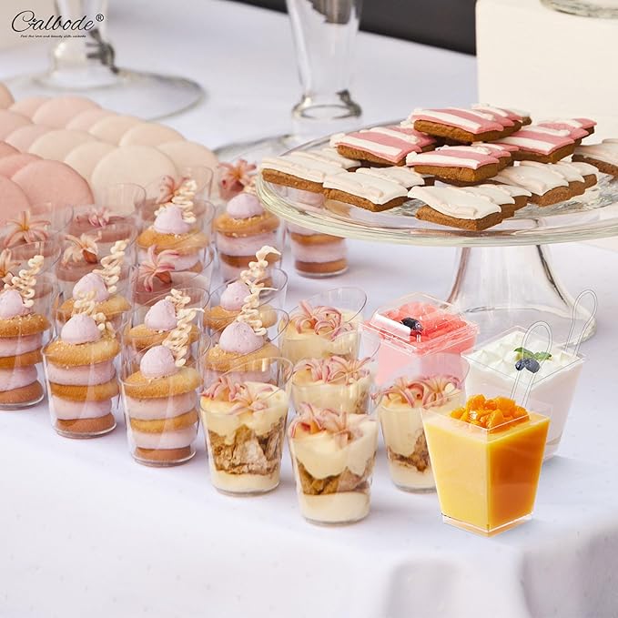 300 Pack Mini Dessert Cups with Spoons – Clear Plastic Parfait Cups for Parties, Ice Cream, Pudding, Fruit Shooters (3oz & 5oz, Oval & Square). Perfect for Appetizers & Entertaining