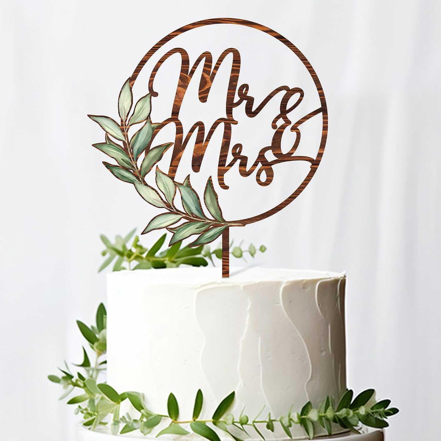 Mr & Mrs Cake Topper Greeny Wedding Cake Topper in Wood (Walnut Texture)