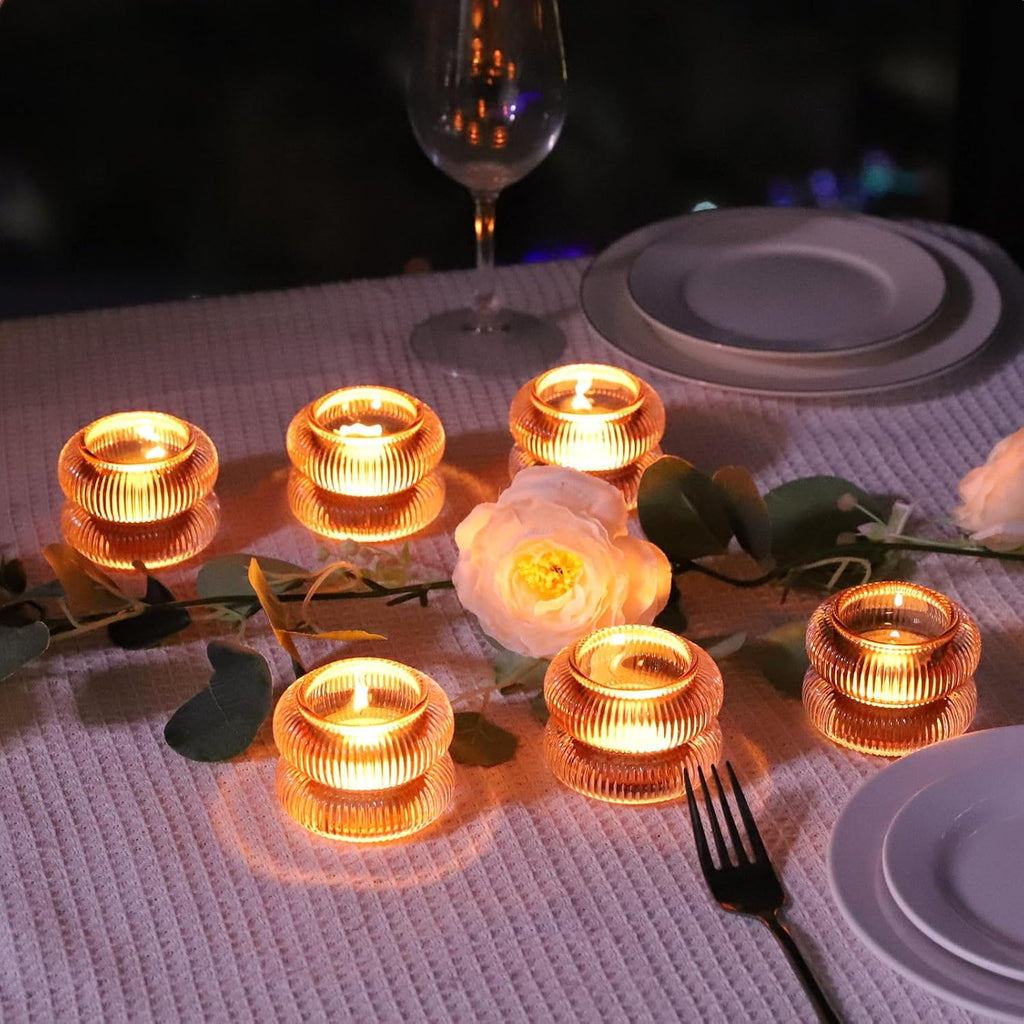 Woho Ribbed Votive Candle Holders Set of 6 for Wedding Table, Amber Tealight Candle Holder Glass for Home Decor, Vintage Tea Lights Candle Holder for Thanksgiving/Fall Decor(Brown, 2.1" H X 2.75" D)