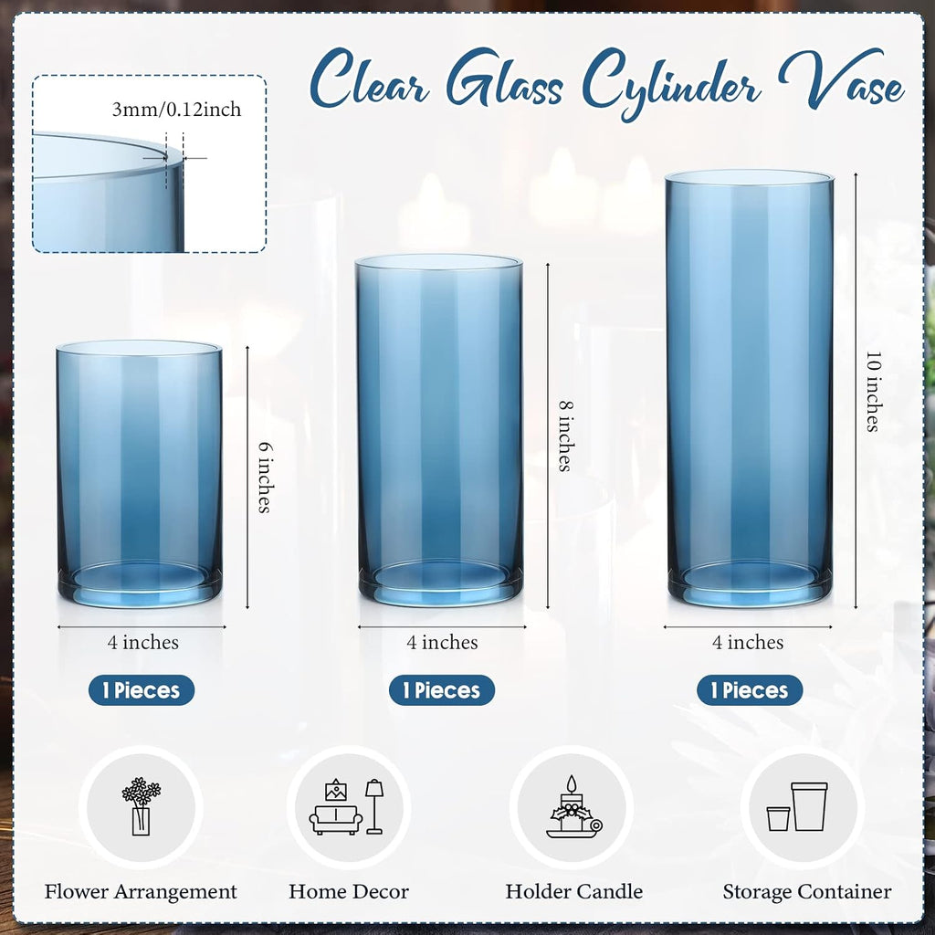 Set of 3 Blue Clear Hurricane Candle Holder Glass Cylinder Vases 6, 8, 10 Inches Height Hurricane Vases for Centerpieces Home Table Decor